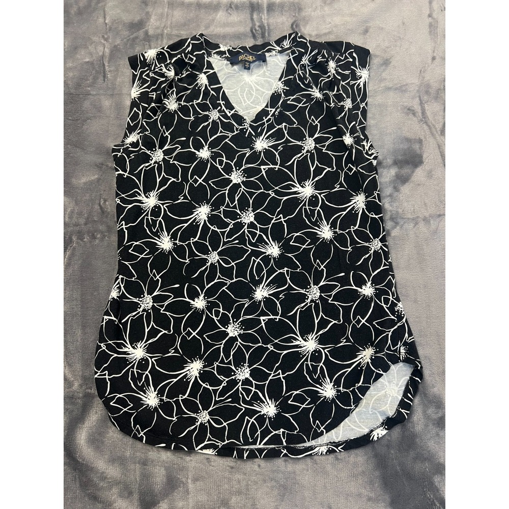 Rachel Roy Blouse Top Womens Small Black Floral Sleeveless V Neck Cotton Stretch